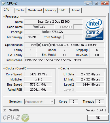 Результат разгона Intel Core 2 Duo E8500