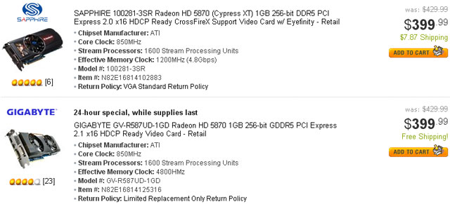 Radeon HD 5870 $399,99